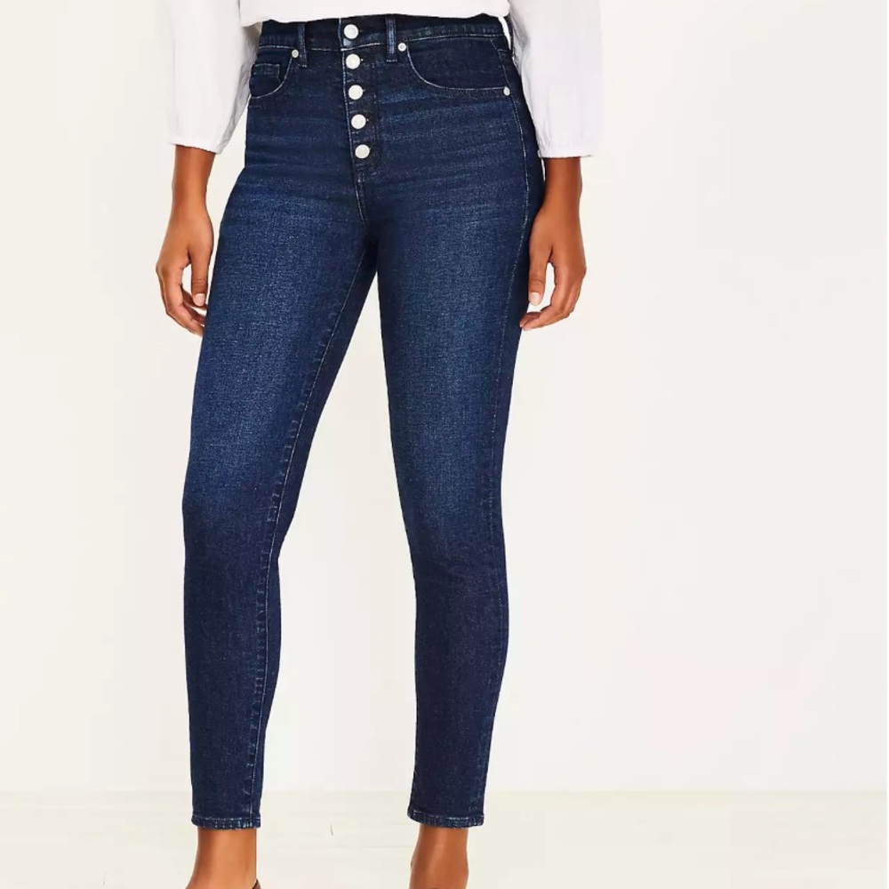 LOFT - Button Front High Rise Skinny Jeans In Dark Indigo Wash - Size 29